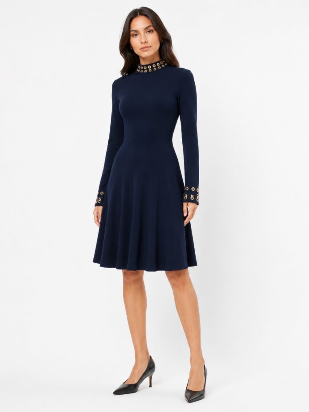 MICHAEL MICHAEL KORS NAVY MIDI GOLD METAL DRESS - XXS